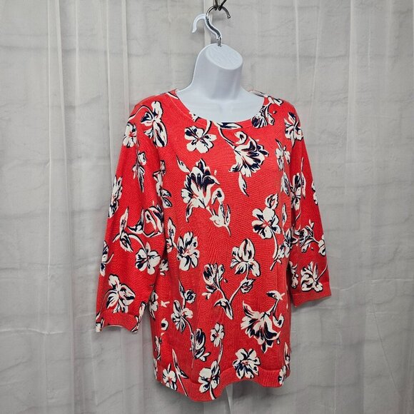 Lands' End Red Blue Tropical Floral Sweater Beach Cotton Summer M - Picture 4 of 11